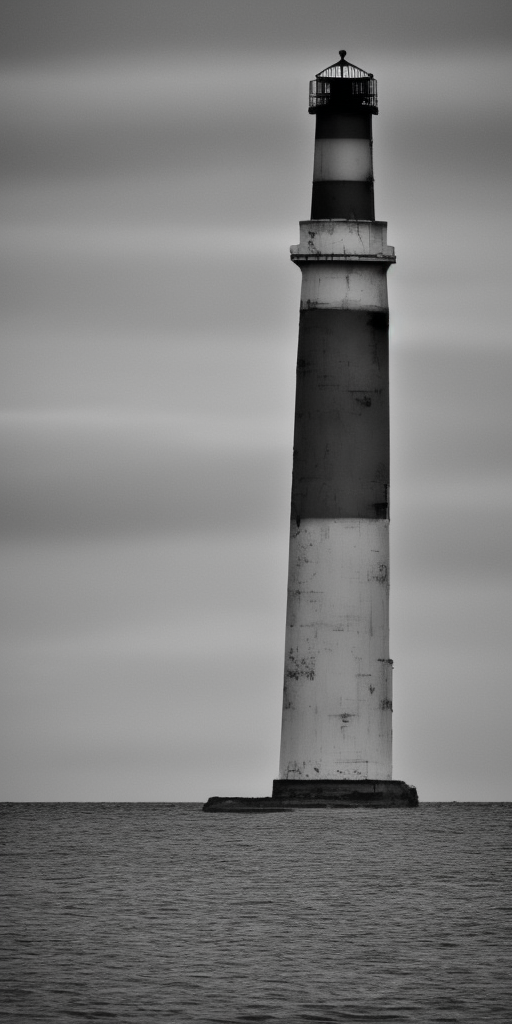 A grayscale oil painting of a platform on a metal column directly in front of a Spiekerooge beach. This could be mistaken for a lighthouse, but this can only happen on clear, bright days. At night, the construct then clears itself up due to its lack of luminosity. Otherwise it is cloudy, but dry. On the horizon you can barely see the mainland. Directly in front of the tower, a sandbank with its highest hump tip pushes through the water surface.