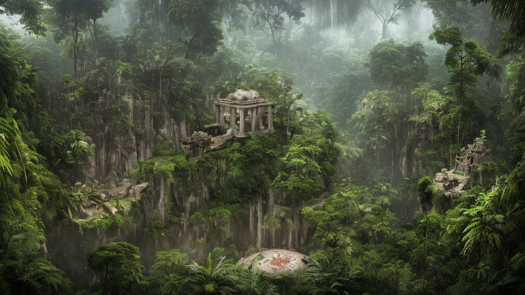 photograph of a gigantic paleolothic sphere made of stone with highly detailed carvings of intricate shamanic robotic electronics and circuits, in a rain forest, inside a valley overlooking the amazon, by michal karcz, amazonian vista