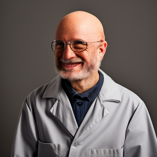 sixty-year-old scientist, bald, long gray sideburns, foggy glasses, evil grin, color photo portrait