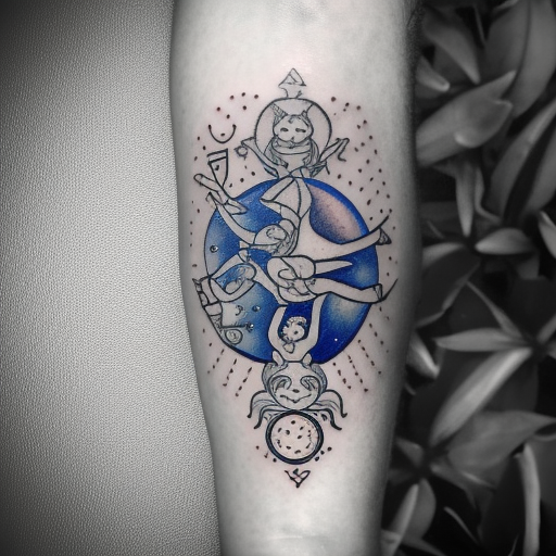Gemini Zodiac Sign, tatoo style, black and white and lapis lazuli