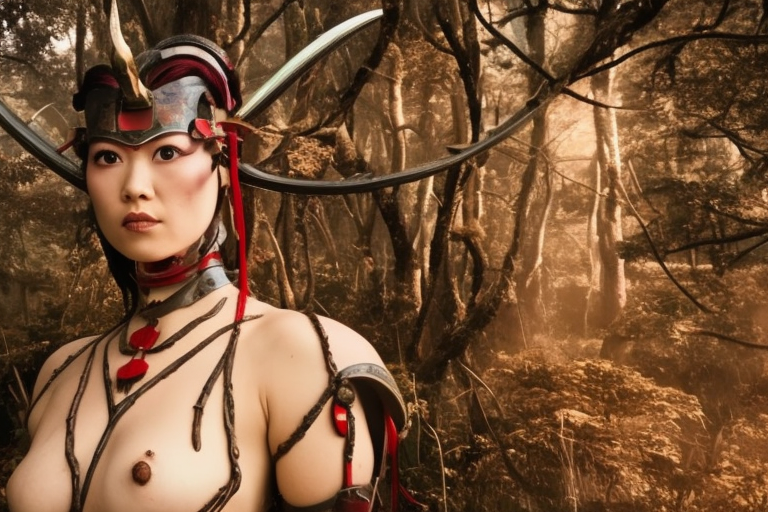 vfx movie scene closeup nomad cyborg warrior viking geisha in a smoldering forest. by emmanuel lubezki