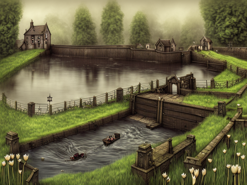 dark medieval river lock, sluices, lock gates, wide river, single house, Warhammer fantasy, summer, bushes, trees, nets, fishing, fish, water lily, duckweed, boat, poor, black adder, muddy, puddles, misty, overcast, Dark, creepy, grim-dark, gritty, detailed, realistic, illustration, high definition