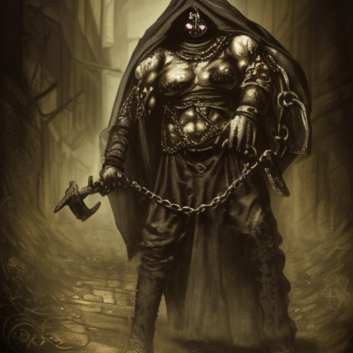 cultist of Belakor in black hood in medieval dark alley, evil book, belt made from chains, soot-covered face, big black nails in flesh, black shadow magic, Warhammer fantasy, creepy, grim-dark, gritty, realistic, illustration, high definition