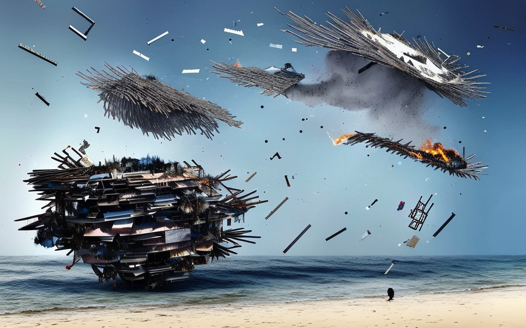 very realistic lebbeus woods flying building made of parts and rubbish on fire, exploding into a million pieces and falling into waves near a beach

