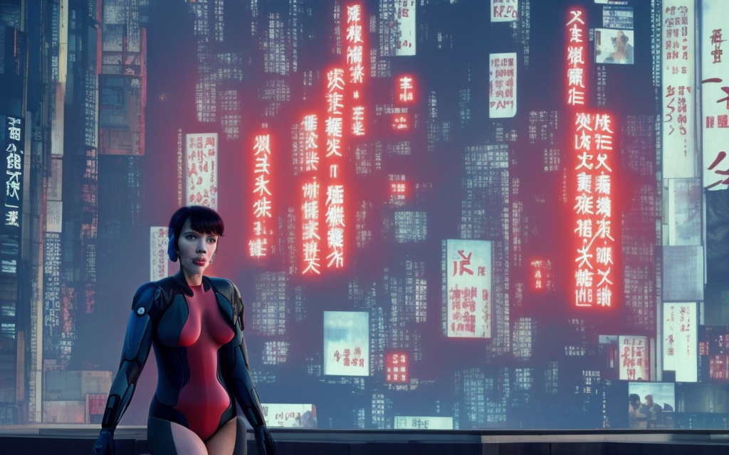 realistic scarlett johansson character from ghost in the shell, falling, futuristic tower city on fire, neon english and japanese billboards


