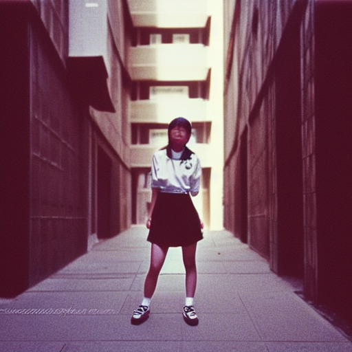 1990s perfect 8K HD professional cinematic photo of close-up japanese schoolgirl posing in sci-fi dystopian alleyway, at instagram, Behance, Adobe Lightroom, with instagram filters, depth of field, taken with polaroid kodak portra