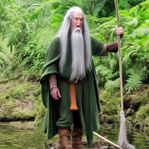 Gandalf wearing dark green rope standing on a wale in jungle