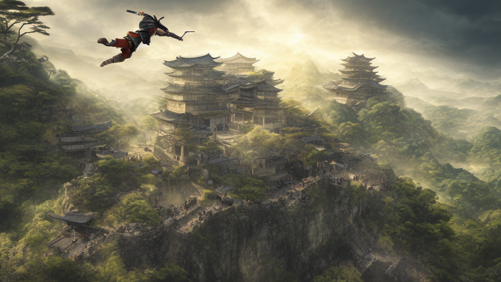 highly detailed digital illustration of shinobi warrior jumping from the roof of old, ruined, japanese fort from sengoku period, surrounded by dense rock formations, high in mountains, cinematic lighting, photobash, raytracing, volumetric lighting