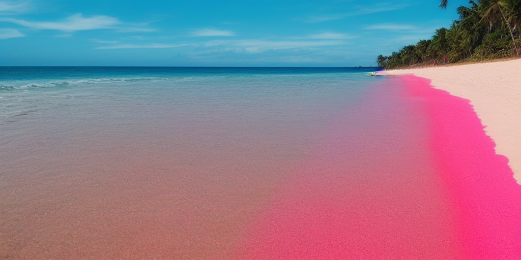 beautiful picture of a beach with pink sand and bright yellow ocean water