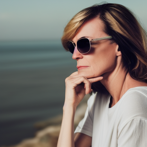 photo of a 46-year old attractive white woman wearing rayban aviator sunglasses in the style of Annie Leibovitz, realistic, professionally, professionally color graded, half body shot, sharp focus, 8k high definition, intricate, elegant, extreme bokeh, 