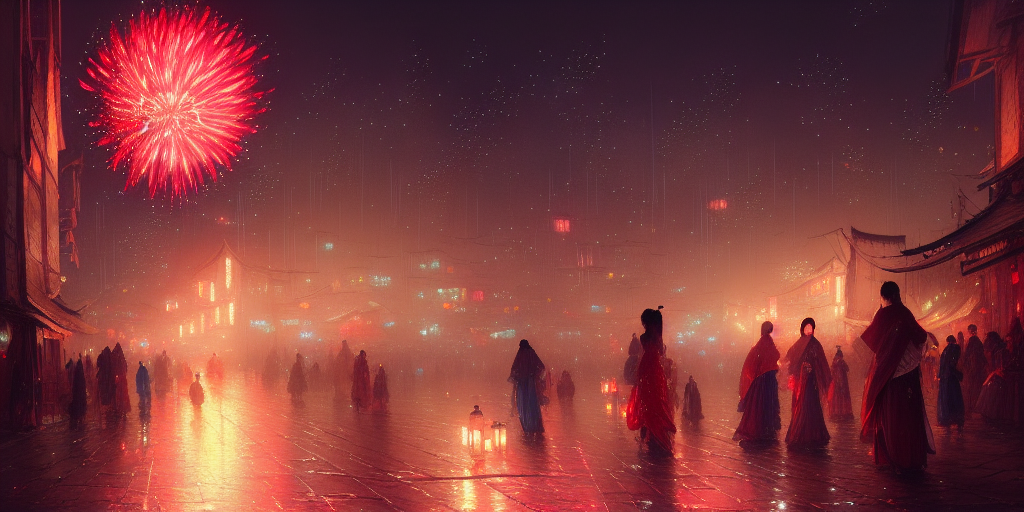 a beautiful picture of fireworks at night, busy village, a girl in hanfu, by greg rutkowski and thomas kinkade, trending on artstation