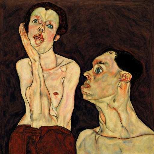 Two people talking in the style of egon schiele