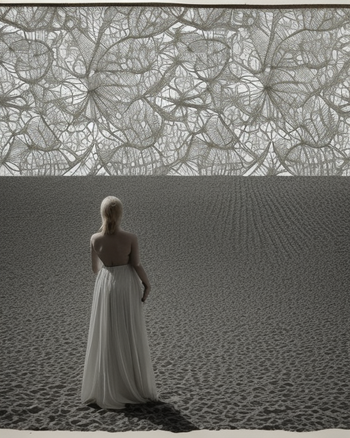 an woman standing on a beach, made of intricate decorative lace leaf skeleton, in the style of the dutch masters and gregory crewdson, dark and moody