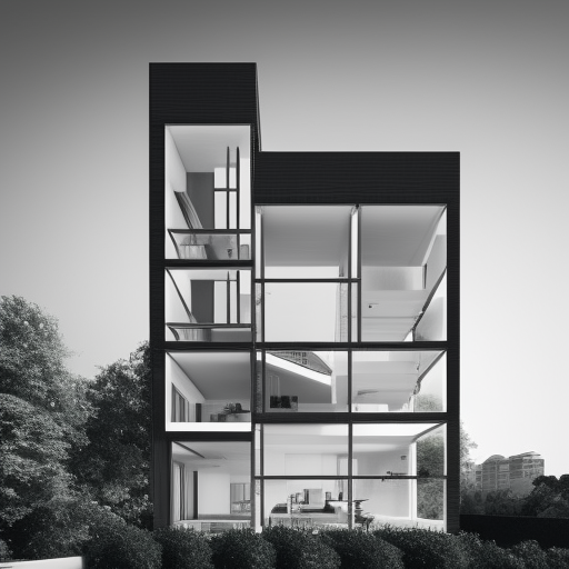  black and white pencil illustration high quality, architecture project with two floors, futuristic architecture, glass windows at the top, at the bottom with a balcony and wooden doors with glass, garage, garden, ceiling with solar panels,