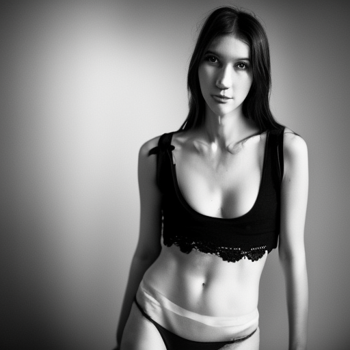 very skinny body, russian girl with long hair, small chest, dressing a sexy tshirt with lace panties, posing to a photoshoot in studio, black and white photo, Cinematic lighting, Unreal Engine 5, Cinematic, Color Grading, Editorial Photography, Photography, Photoshoot, Shot on 70mm lense, Depth of Field, DOF, Tilt Blur, Shutter Speed 1/1000, F/22, White Balance, 32k, Super-Resolution, Megapixel, ProPhoto RGB, VR, tall, epic, artgerm, alex ross, Halfrear Lighting, Backlight, Natural Lighting, Incandescent, Optical Fiber, Moody Lighting, Cinematic Lighting, Studio Lighting, Soft Lighting, Volumetric, Contre-Jour, dark Lighting, Accent Lighting, Global Illumination, Screen Space Global Illumination, Ray Tracing Global Illumination, Red Rim light, cool color grading 45%, Optics, Scattering, Glowing, Shadows, Rough, Shimmering, Ray Tracing Reflections, Lumen Reflections, Screen Space Reflections, Diffraction Grading, Chromatic Aberration, GB Displacement, Scan Lines, Ray Traced, Ray Tracing Ambient Occlusion, Anti-Aliasing, FKAA, TXAA, RTX, SSAO, Shaders, OpenGL-Shaders, GLSL-Shaders, Post Processing, Post-Production, Cel Shading, Tone Mapping, CGI, VFX, SFX, insanely detailed and intricate, hypermaximalist, elegant, hyper realistic, super detailed, dynamic pose, centered, photography