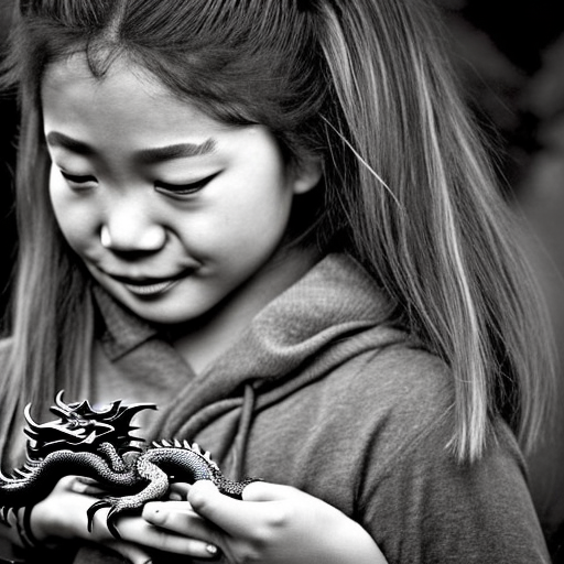 To her surprise, the dragon listened and softened. It turned out that the dragon was not as fierce as it seemed, but had been guarding the treasure to keep it safe. Impressed by Maya's bravery and kindness, the dragon allowed her to take a small piece of the treasure as a reward for her courage.simple and minimalistic style, monochrome, black and white, white background,  steampunk, fine line, lasercut