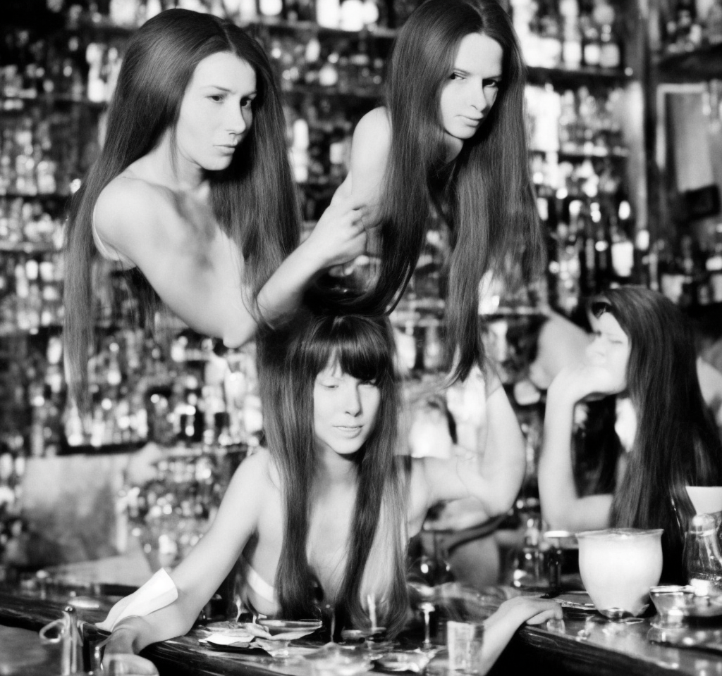 woman with long hair at bar in 60s alone