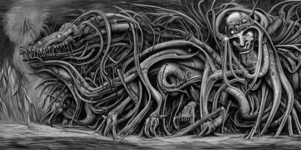 a H.R. Giger of Run Run Wheeze Run out Prevent Support on your knees Fight back up Take a deep breath! OOOO ZERRREBERUSSS, the great Hades, who is basically the same as us, only appears big and strong on the outside. 