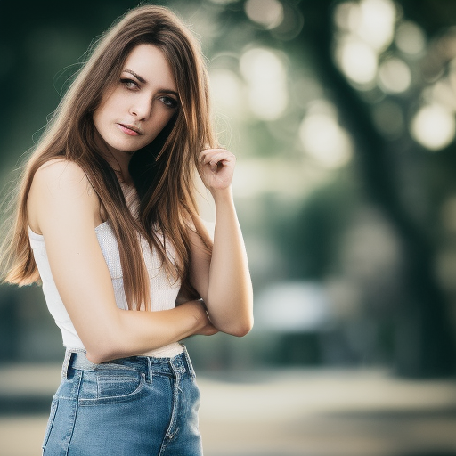 Woman in jeans shorts ultra-realistic portrait cinematic lighting 80mm lens, 8k, photography bokeh