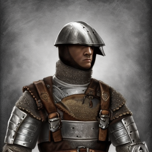 This is a medieval fantasy RPG character portrait artwork created in 4 layers. The character is a generic soldier recruit, covered face, sword, and leather armor. the character must from a random fantasy race and gender. Layer 1 is a white background. Layer 2 is an ornate circular frame. Layer 3 is the character’s background. Layer 4 is the character’s artwork. The artwork should overlap layers to create depth and 3D effect. Get inspired by Pathfinder, D&D, Magic: The Gathering, The Elder Scrolls: Legends, Gwent: The Witcher Card Game 