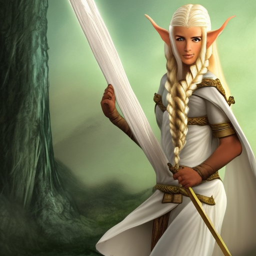 female elven monk with long blond braided hair and quarterstaff dungeons and dragons wear white robes crouching ready to attack