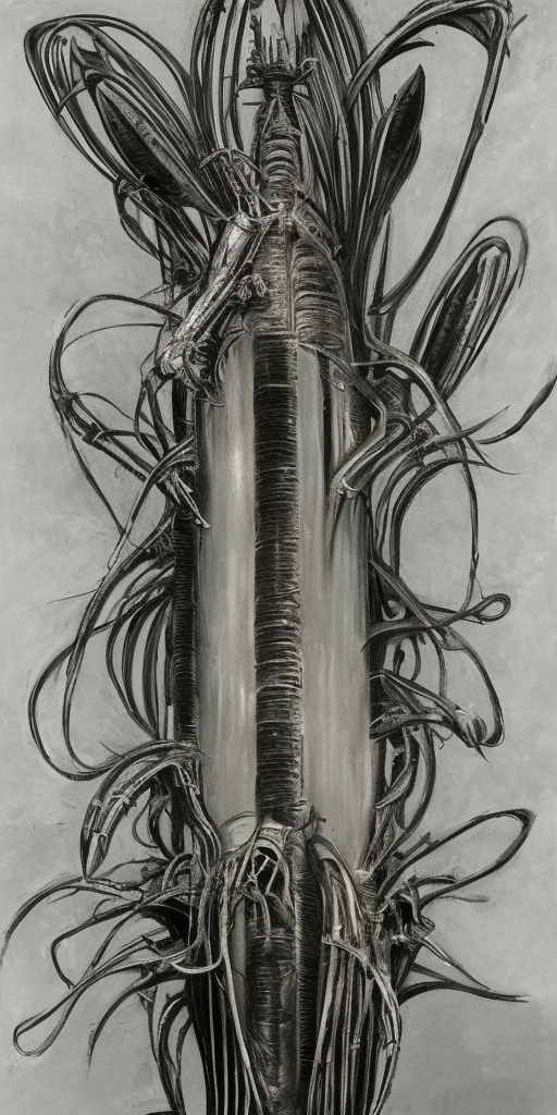 a H.R. Giger of a rocket comes out of an orchid blossom