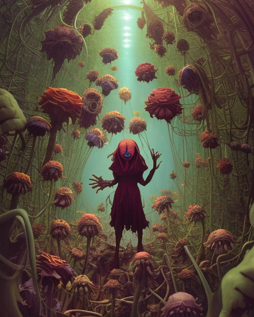 the platonic ideal of flowers, rotting, insects and praying of cletus kasady carnage davinci dementor chtulu mandelbulb ponyo alice in wonderland dinotopia watership down, d & d, fantasy, ego death, decay, dmt, psilocybin, concept art by greg rutkowski and simon stalenhag and alphonse mucha
