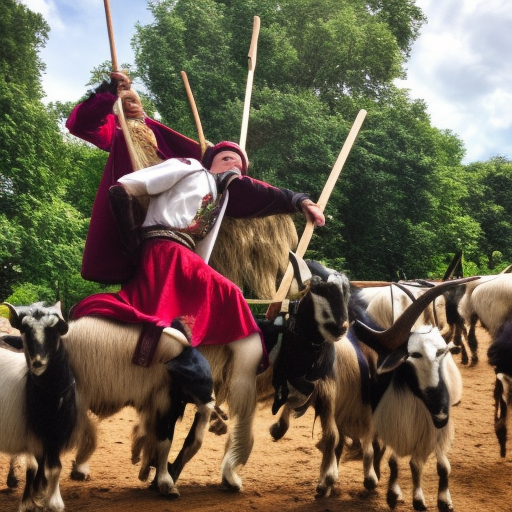 Two people jousting and riding goats