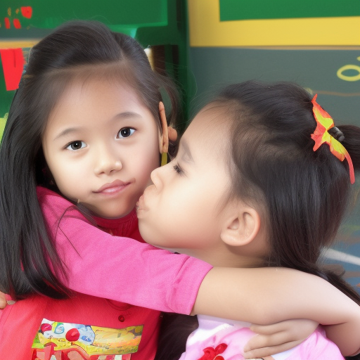 two Little actress Malaysian girl kissing in kindergarten 