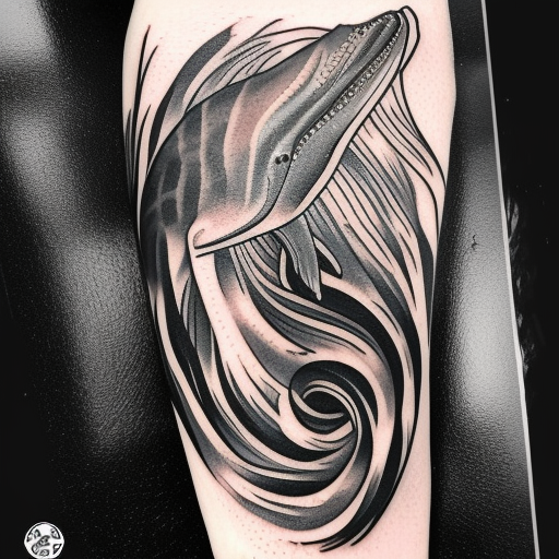 a close up of a person's leg with a tattoo on it, whales showing from the waves, dark intricate, black and white scheme, hiroaki tsutsumi style, intertwined full body view, fish tail, see, flowing mane and tail, trending on artisation, fish flying over head