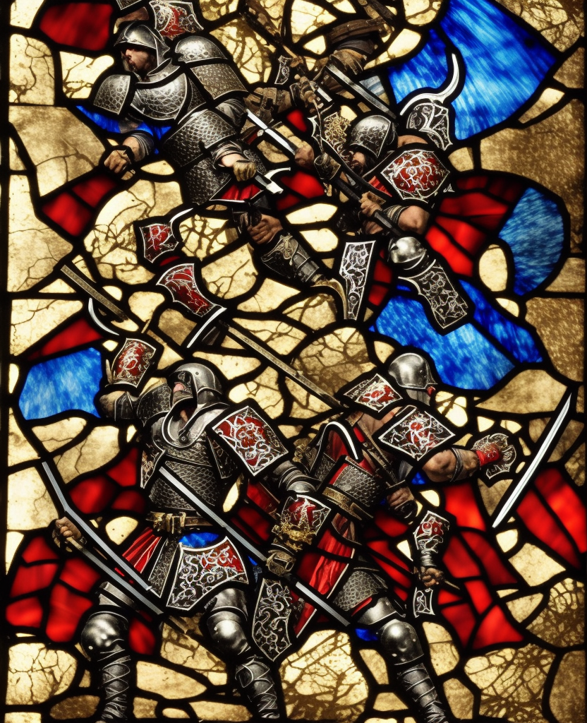 dark medieval, triumphant young evil gladiator beating good gladiator, Path of Exile, Warhammer fantasy, black and red, gold and blue, stained glass, grim-dark, gritty