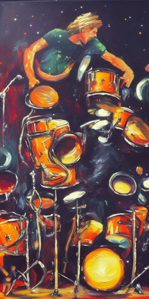 a oil painting of Exploding drummers and cosmic keyboardists