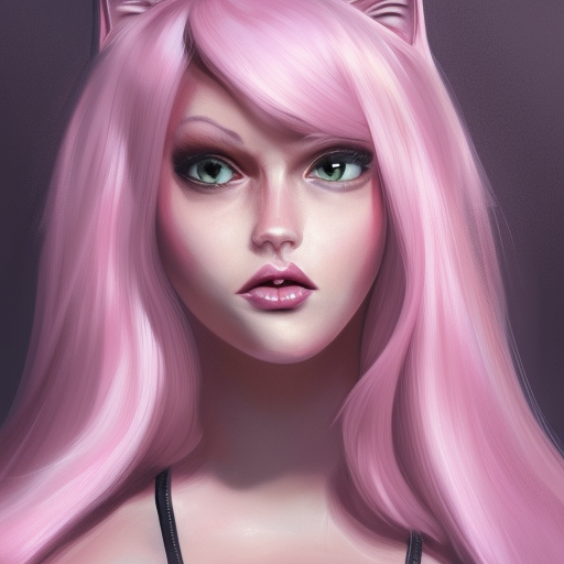 portrait, curvy, chubby, anthro cat woman, long pink hair, cute, intricate, detailed, realistic, female anthro character, highly detailed, digital painting, artstation, concept art, smooth, sharp focus, illustration