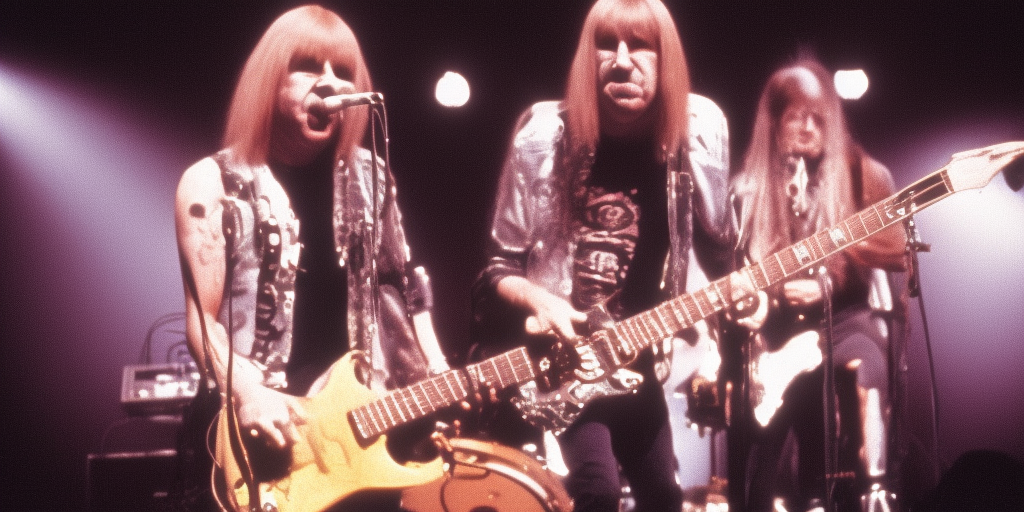 a living Microphone with an face on the stage with the Band Spinal Tap