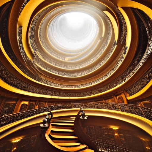 a magnificent infinite baroque spiral library, spiral stairs, spiral architecture, wave architecture, epic composition, magical atmosphere, rays of light, dust light, fantasy, photo realistic