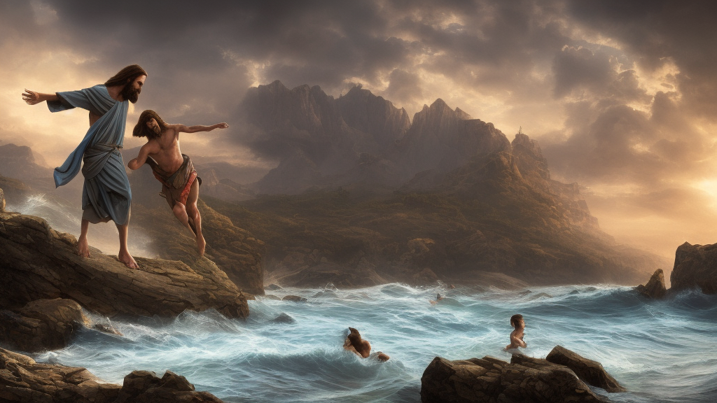 An epic matte painting of Jesus saving me in the Water, beautiful, stunning, gorgeous, 4k resolution, professional digital art, by wlop and George Rutkowski, f16, intricate