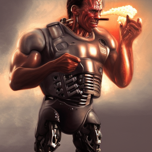 arnold swarzengger as the Terminator, teaching an art class , creative, digital art, photo manipulation, colossal, smoke, artstation, giant, street