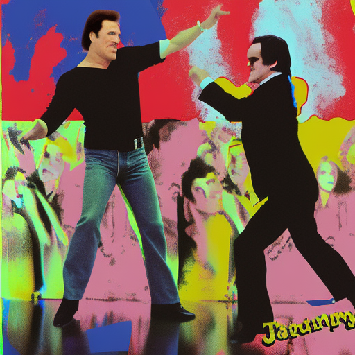 John Travolta dancing with Quentin Tarantino, water pouring overhead, Andy Warhol style
