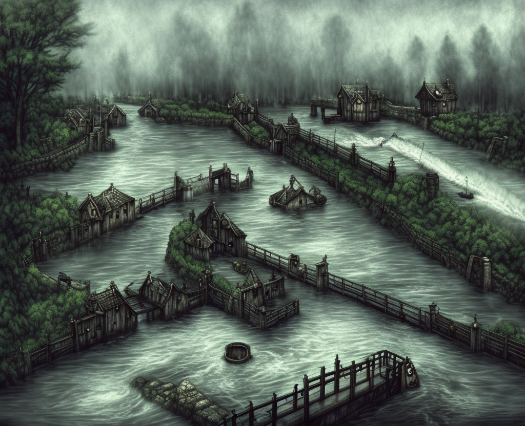 dark medieval, river lock with sluice on a wide rapid river, different water levels, Warhammer fantasy, one building, summer, trees, fishing, nets, misty, overcast, Dark, creepy, grim-dark, gritty, Yuri Hill, hyperdetailed, realistic, illustration, high definition