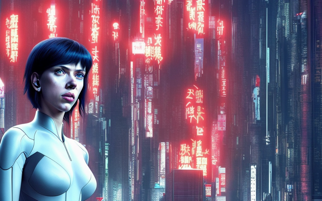 realistic scarlett johansson character from ghost in the shell, falling from the sky, futuristic tower city on fire, neon english and japanese billboards


