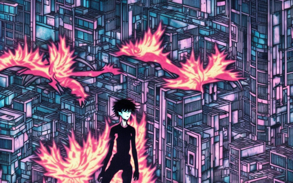 realistic highly detailed image of grimes as giant manga monster attacking ghost in the shell city on fire