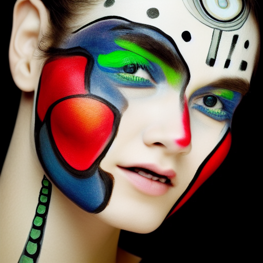 A beautiful potrait of a robot with face paint, wrinkles, high quality, photoshoot