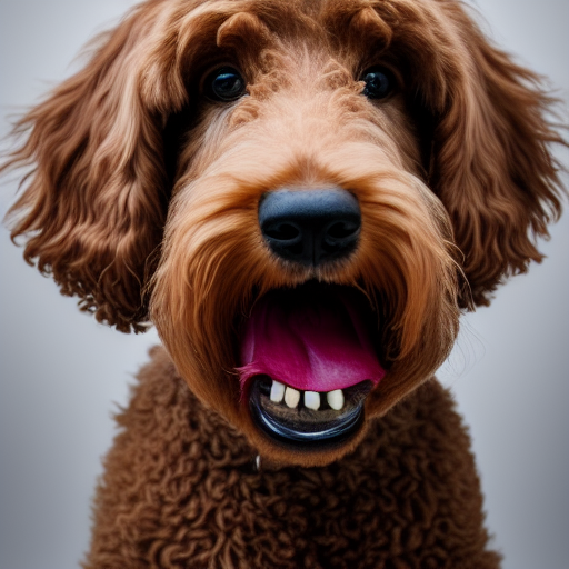 A professionally photographed portrait of a labradoodle dog eating