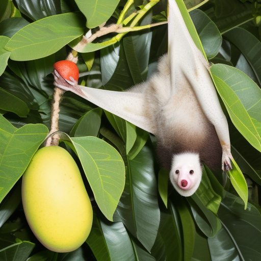 cartoon style albino fruit bat eating a mango and hanging from a tree