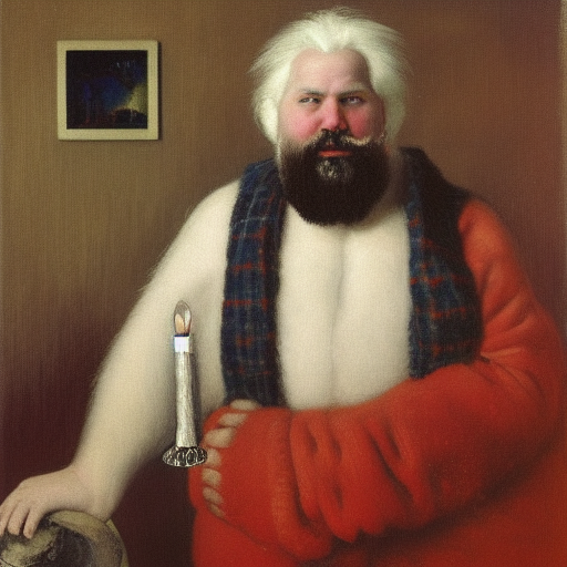 portrait of a chubby bearded polar bear, white and silver hair, dressed in a plaid sweater, glowing with silver light, painting by Franz Marc, by Jean-Léon Gérôme, by Winsor McCay, today's featured photograph, 16K