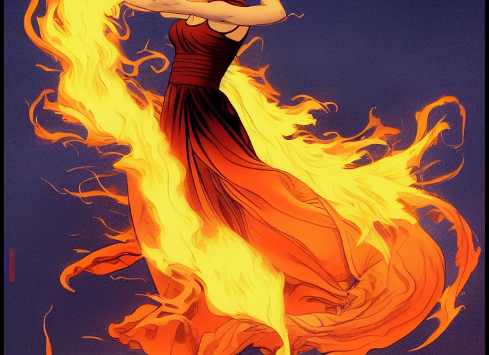 a dancer in silhouette wearing a flowing gown made of fire, engulfed in a whirling fire tornado firestorm, emitting smoke and sparks, fantasy, cinematic, fine details by realistic shaded lighting poster by ilya kuvshinov katsuhiro otomo, magali villeneuve, artgerm, jeremy lipkin and michael garmash and rob rey Ukiyo-e Japanese woodblock