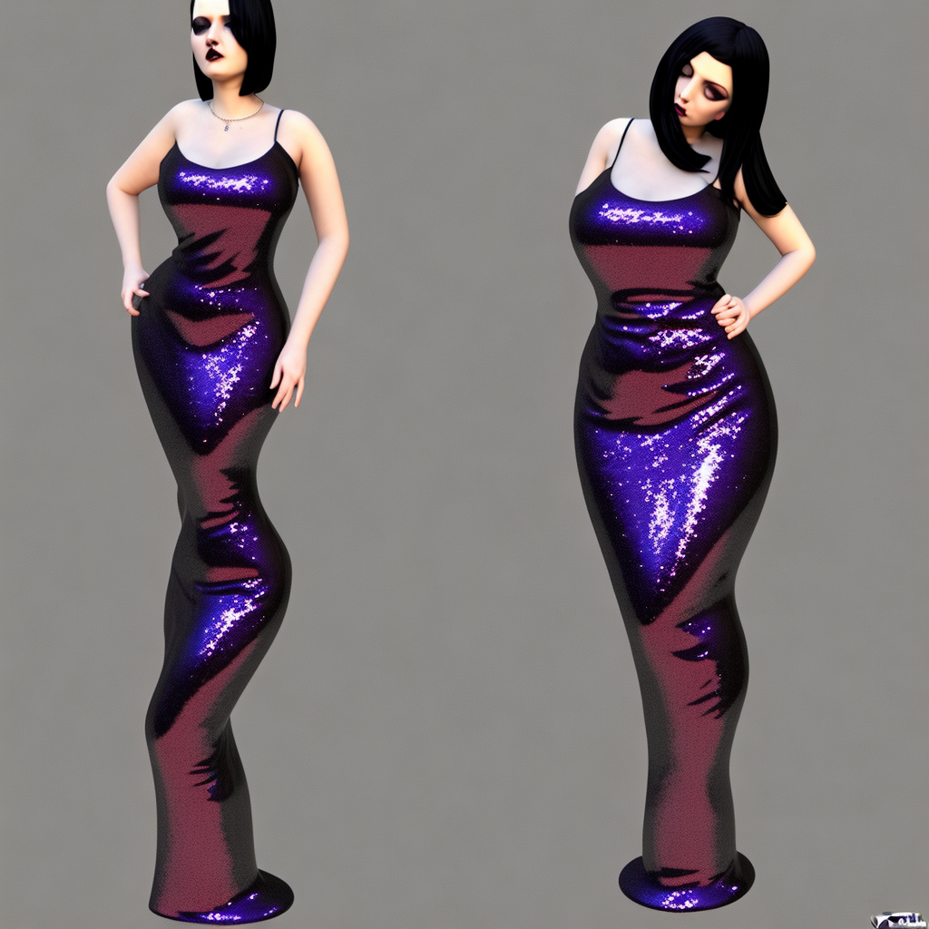 curvy feminine hot goth cutie in a sublime elegant polished sequined black latex neck-high or tube-top floor length gown with purple accents, thin waist, cgsociety, photorealistic, comfy ambience, idealistic, 16k, smooth, sharp focus, trending on ArtStation, volumetric lighting, fully clothed, worksafe
