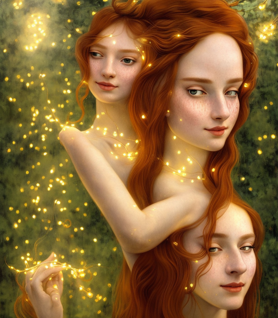 mystical scene, fully covering intricate dress, young woman, fit body, serene smile surrounded by golden firefly lights amidst nature, long red hair, precise linework, accurate green eyes, small nose with freckles, beautiful smooth oval shape face, empathic, expressive emotions, hyper realistic ultrafine art by artemisia gentileschi, jessica rossier, boris vallejo