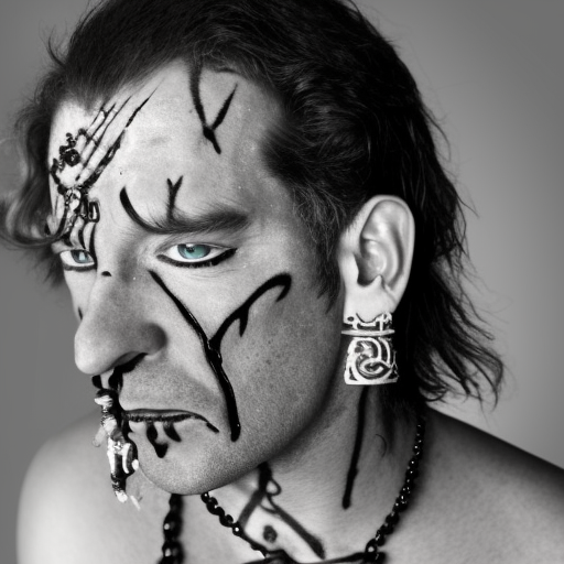 A vampire with black long hairs and earings.  He has a silver necklace. He is dressed like a gypsy. A big and awful scar is crossing his face from the cheek to the chin. Black and white realistic photo.