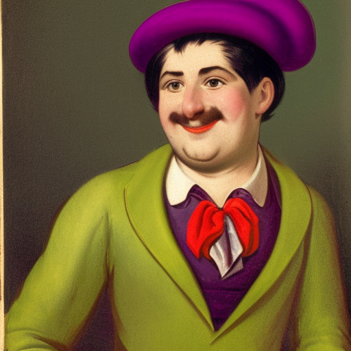 smooth-haired merchant, big cheeks, mischievous smile, bulging eyes, red shoulder-length hair, green bowler hat, tribal necklace, purple clothing, yellow shirt, late 19th century, color photo, no beard or mustache